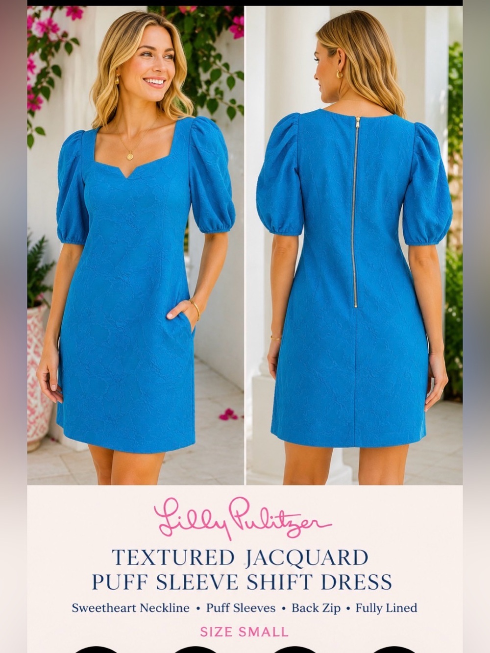 Lilly Pulitzer Blue Textured Jacquard Puff Sleeve Shift Dress Size Small
